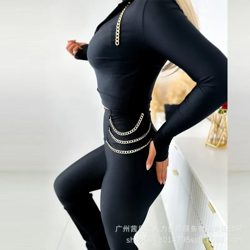 Two Piece Sets Women Pant Set Solid Sexy Slim Fit Sheath Zipper Splice Chain Full Sleeve Short Tops Long Pants Tight High Waist