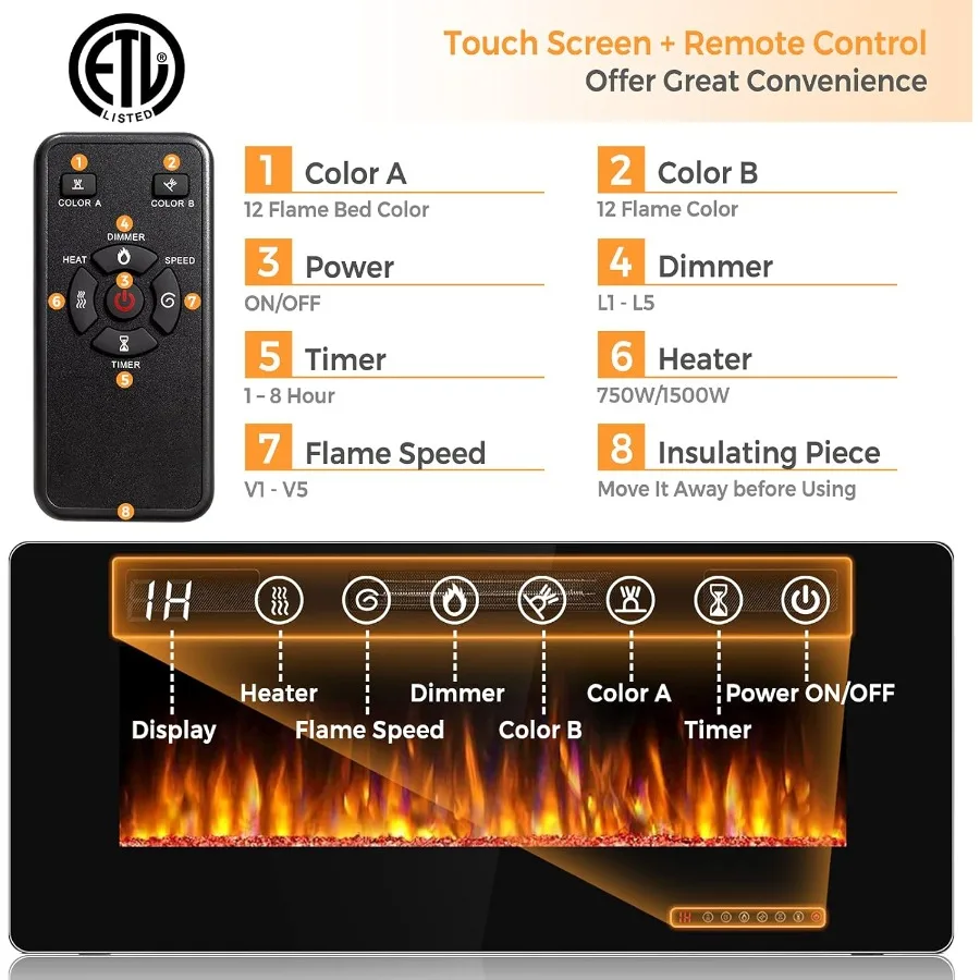 مدفأة كهربائية 42 بوصة 750 وات/1500 وات مدفأة مثبتة على الحائط مع جهاز تحكم عن بعد لغرف المعيشة الداخلية 12