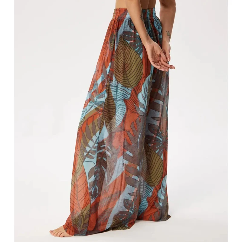 Pantalones elegantes con estampado Vintage para mujer, pantalones sencillos de gasa elásticos de cintura alta, pantalones de pierna ancha, ropa de playa Spice Girl, Bikini para cubrir 2025