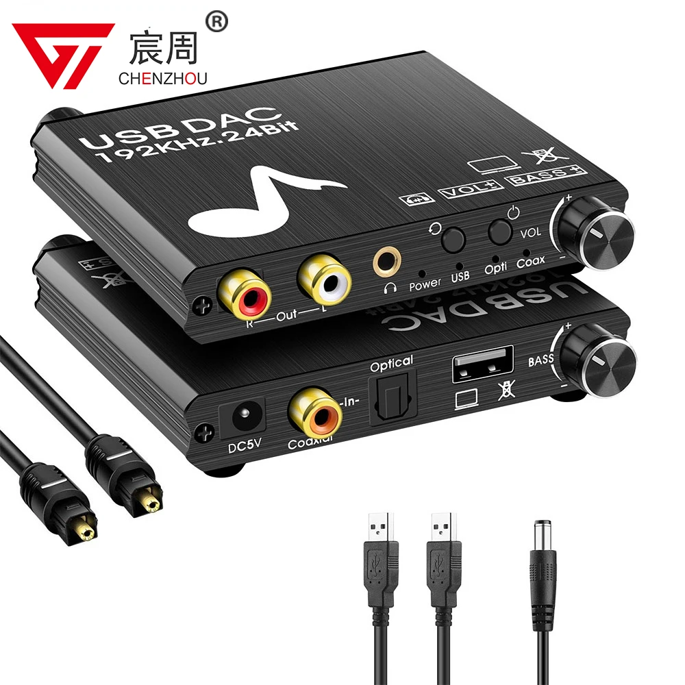 

USB DAC 192kHz 24Bit Digital to Analog Converter with Bass&Volume Control Coaxial Toslink to Analog Stereo L/R RCA 3.5 MM Jack