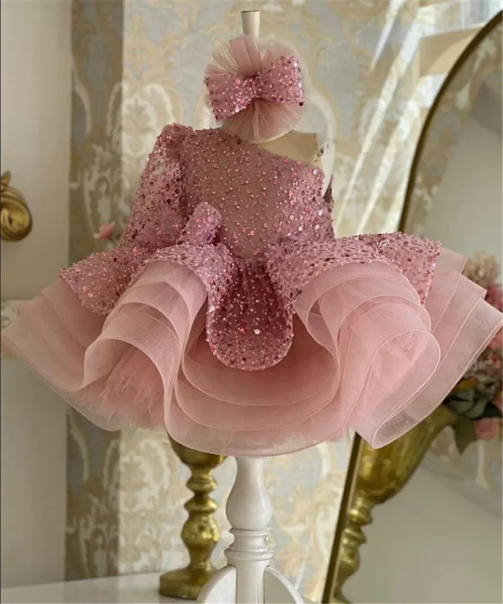 

Customized Pink Flower Girl Dresses For Wedding Sequins With Bow Knee Length Cute Princess Birthday Party First Communion Gown