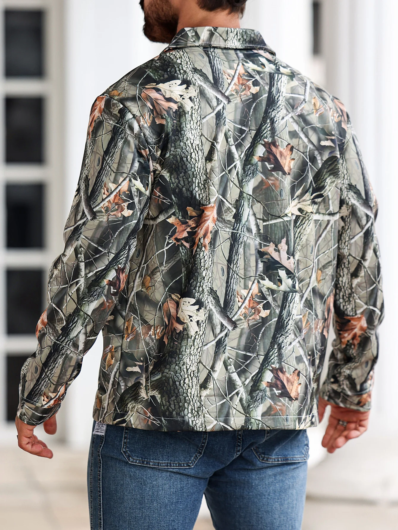 Men's Jungle Camouflage Pocket Button Shirt Jacket, Lapel Design, Tropical Camouflage Graphic Print, Front Pockets, Durable Fabr