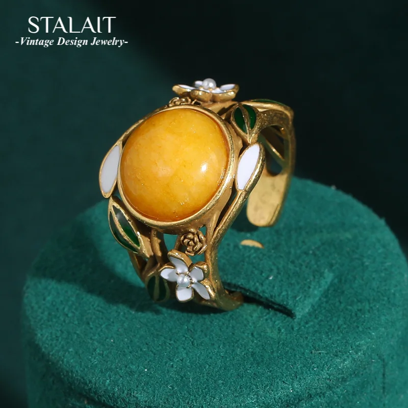 

Vintage Yellow Stone Rings For Woman Flower Antique Gold Color Engagement Rhinestone Accessories Luxury Quality Bohemian Jewelry