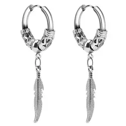 1 Pcs Leaf Feather Charm Hoop Earrings for Men Women Stainless Steel Earrings Fashion Silver Color Jewelry Gifts