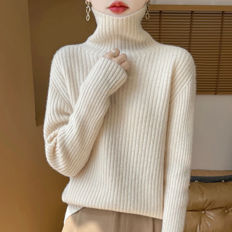 Classic Seamless Women Knitwear 100% Wool Pullover Thick&Loose Sweater Long sleeves Vertical stripe style Warm Soft Basics Tops