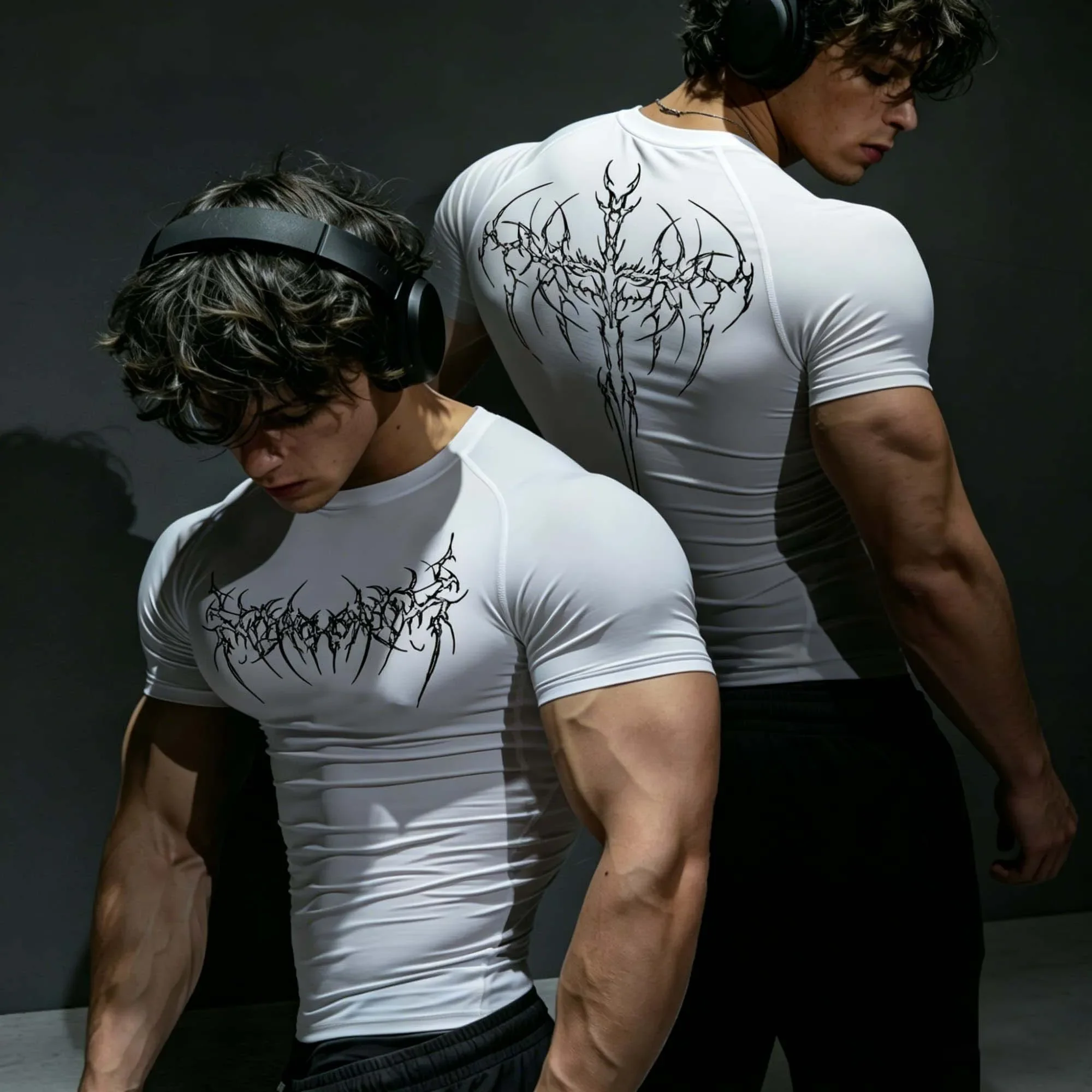 Herren-Kompressions-T-Shirt mit Gothic-Dornen-Print, schnelltrocknend, elastische Kurzarm-Ärmel, geeignet für den täglichen Freizeitgebrauch, Fitness und Outdoor-Aktivitäten. – Detail 2