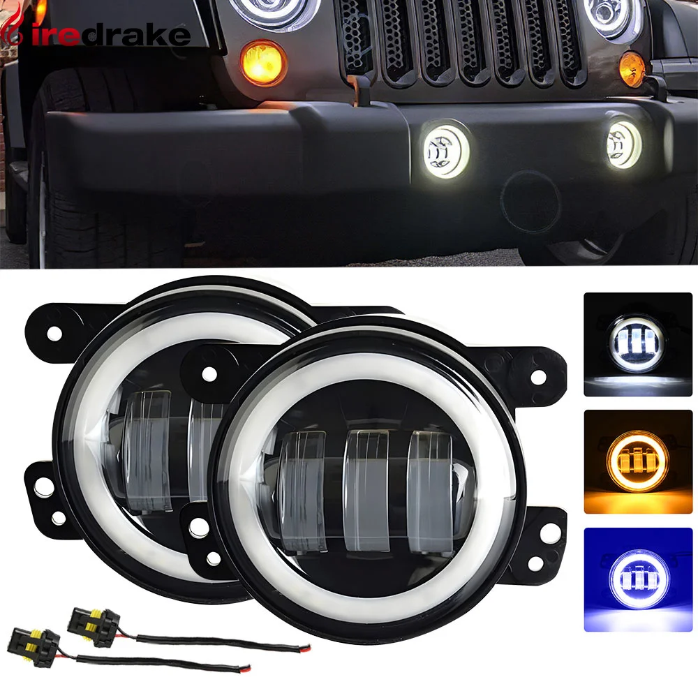 4 Inch LED Fog Light Round Front Driving Fog Lights Jeep Wrangler Dodge Hummer 150W 15000LM Blue Halo 30V DRL Turn Signal Lights