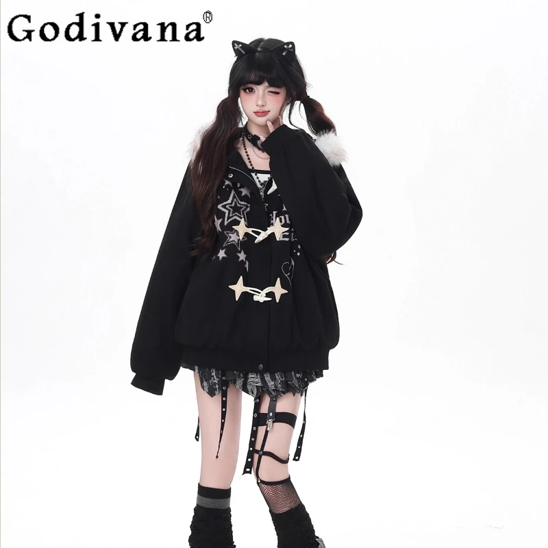 الشتاء القطن وسادة مبطنة المرأة الأصلي نجمة رسالة انفصال فضفاض سترات الإناث النمط الياباني فضفاض مقنعين سترة