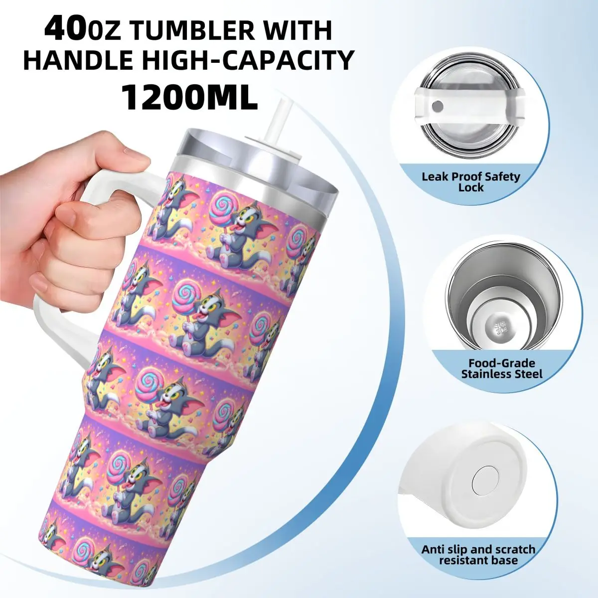 Stainless Steel Tumbler Cartoon Tom And Jerry  Car Mugs With Straws Travel Hot Drinks Water Bottle Portable 40oz Thermal Cups