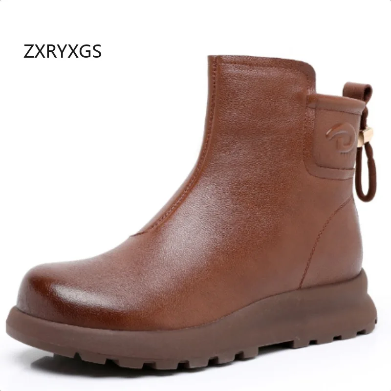 

ZXRYXGS Top Cowhide Genuine Leather Boots Flat Thick Sole Women Boots 2026 New Fashion Versatile Comfort Autumn Winter Boots