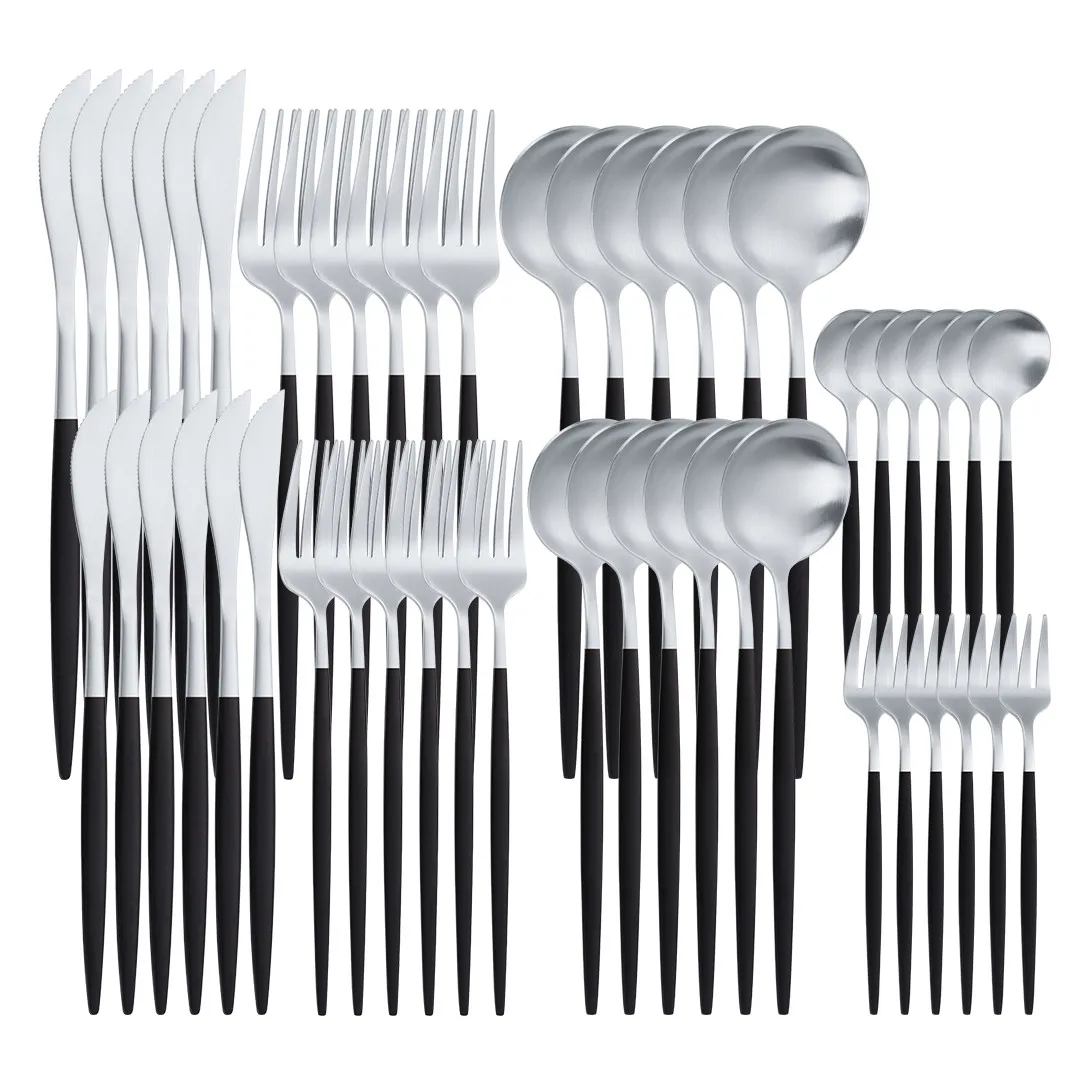 

48Pcs Black Silver Dinnerware Set 18/10 Stainless Steel Knife Fork Tea Spoon Cutlery Set Kitchen Tableware Set Flatware Hot Sale