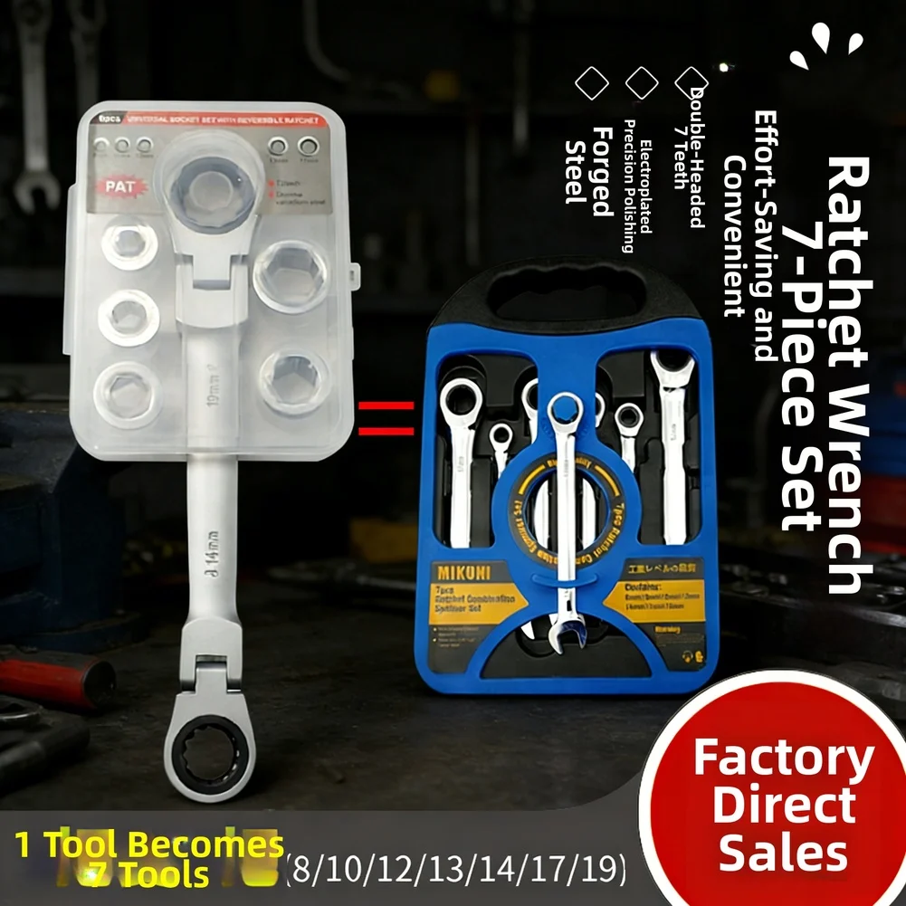 72 Tooth Double Head Ratchet Wrench 7 In 1 Set Chrome Vanadium Steel Reversible Switch Slim Design For Tight Space Engine Parts
