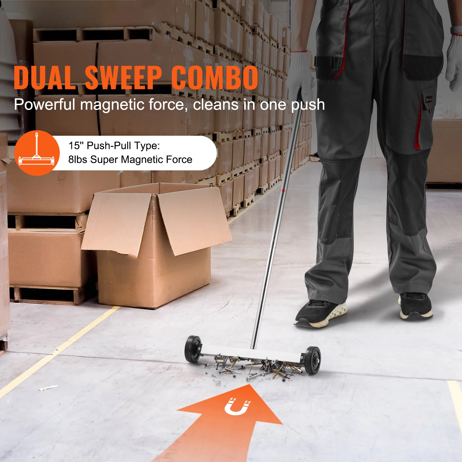 Magnetic Sweeper with Wheels, 15inch Mini Magnetic Sweeper, 8 lbs Capacity, Adjustable Handle, Lightweight Magnetic Pickup Sweeper to Pick Up Nails and Screws, Easy Cleanup of Workshop Garage