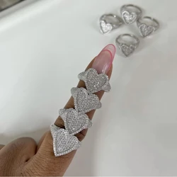 High Quality Bling Full Cubic Zircon Silver Color Ring Iced Out Micro Paved 5A Cz Heart Lovely Hip Hop Punk Rap Women Jewelry