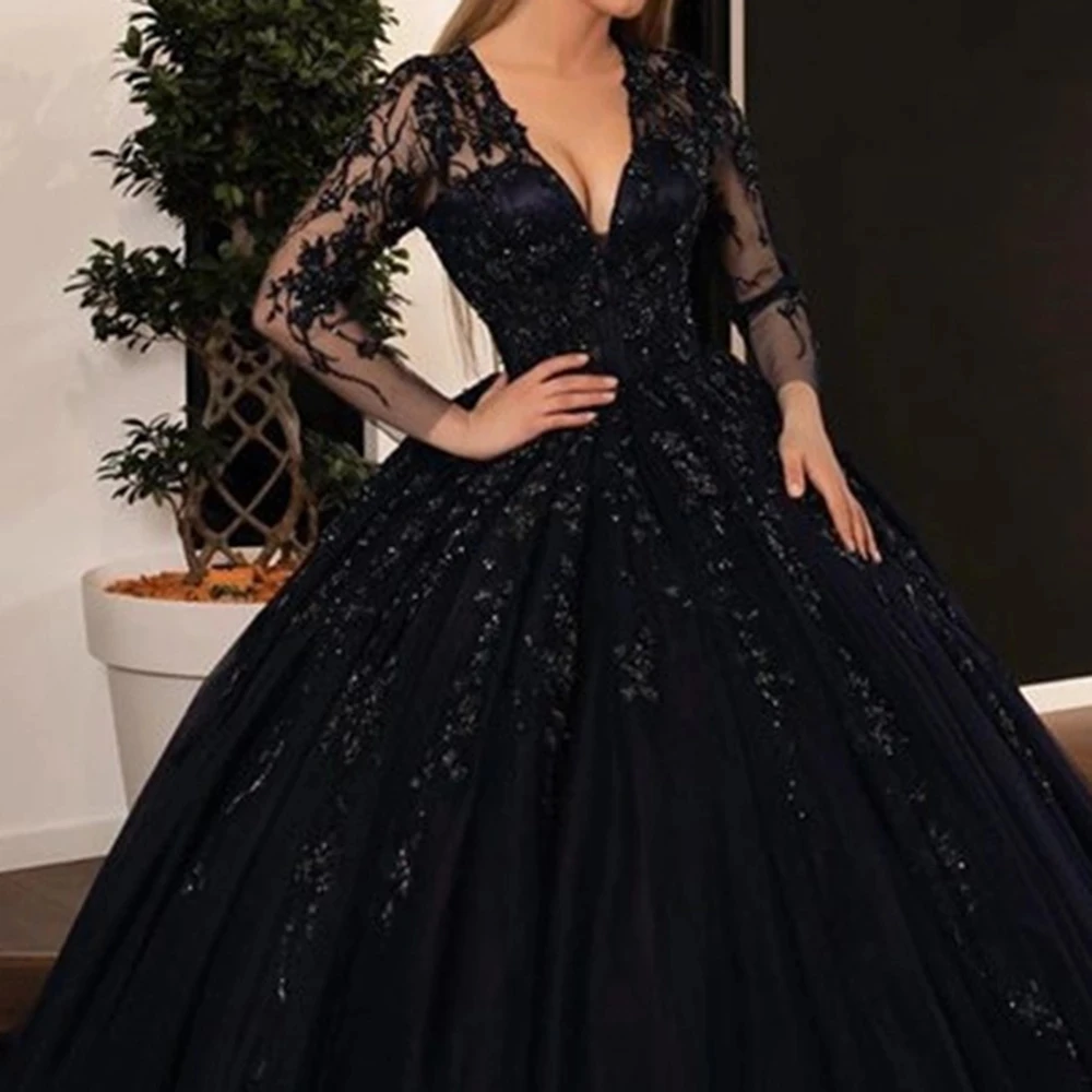 

Angelsbridep Gorgeous Black Long Sleeves Appliques Ball Gown Evening Dresses Deep V-Neck Women Prom Party Gowns Robe De Soiree