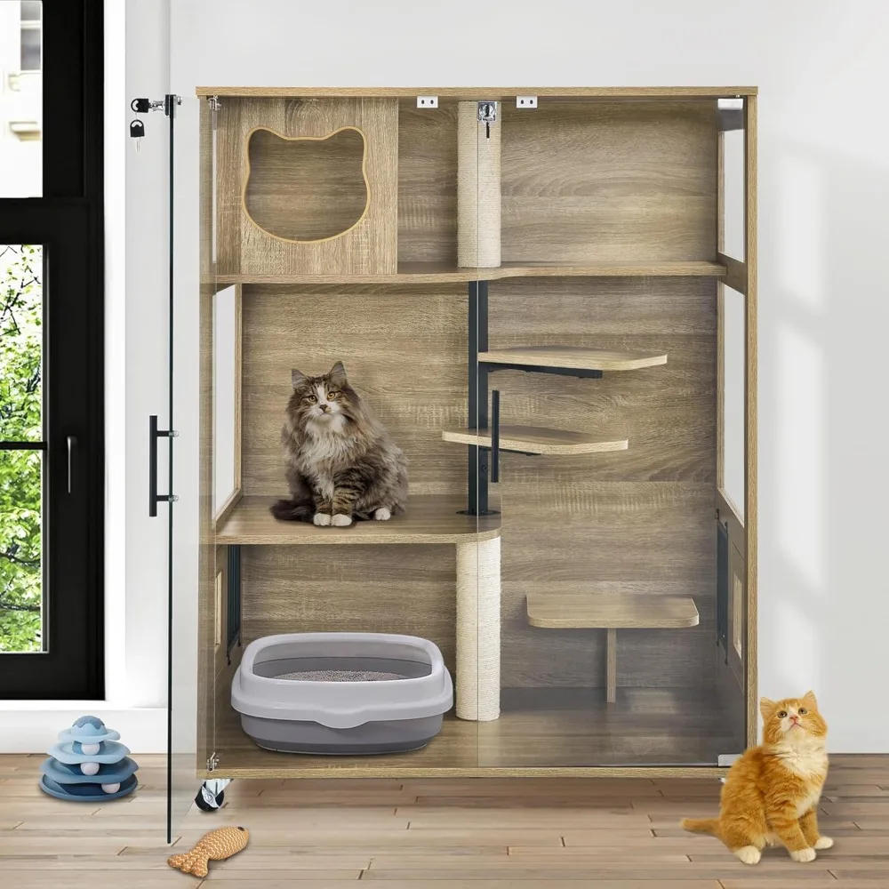 

Wooden Cat House with Scratching Posts, Luxury Large Cat Condo with Lockable Wheels, Indoor Kitten Cage with Escape Door