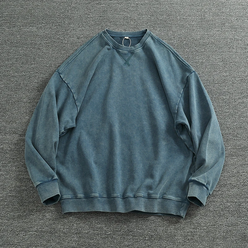 

2025 Spring New American Retro Long Sleeve O-neck Heavyweight Knitted Sweatshirts Men's 100% Cotton Washed Old Casual Sportwear