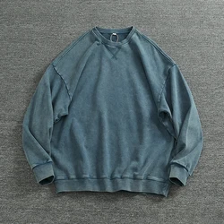 2025 Spring New American Retro Long Sleeve O-neck Heavyweight Knitted Sweatshirts Men's 100% Cotton Washed Old Casual Sportwear