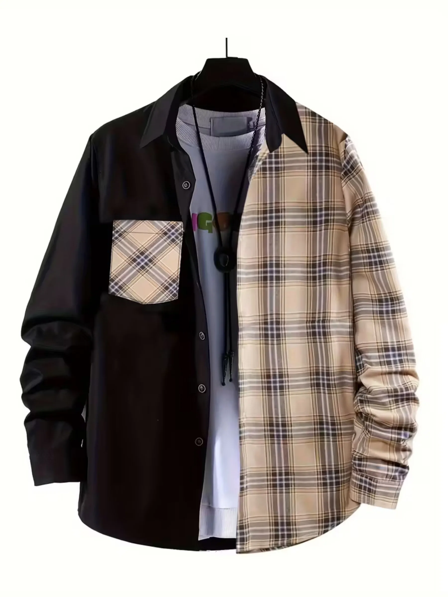 

Новая мужская одежда, рубашка с длинными рукавами и решетчатыми карманами, мужская деловая повседневная черная рубашка, топы, 100% полиэстер