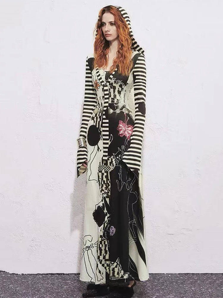 Y2K القوطية الشرير طباعة فستان بقلنسوة موضة الشارع الشهير سليم منتصف طول فستان هودي الأمريكية مخطط المرقعة Bodycon Vestidos