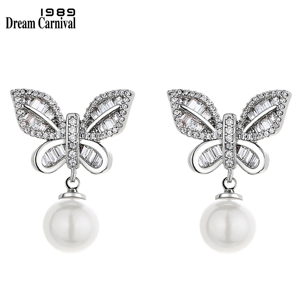 Trendy New Dreamcarnival1989  Butterfly Pearl Drop Earrings  For Women Clear White Zircon Anniversary Engagement Jewelry WE4205