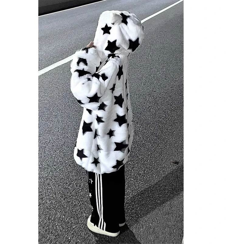 Trendy American Star Lamb Fur Jacket Women Winter Fleece Loose Lazy Style BF Zipper Sweatshirt Hooded Commute Windbreaker
