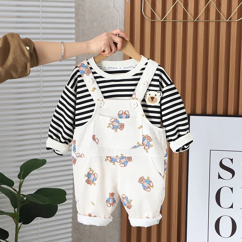 

Baby Boy Designer Clothes 2024 Spring Korean Style Cartoon Striped Long Sleeve T-shirts and Overalls Kids Bebes Jogging Suits