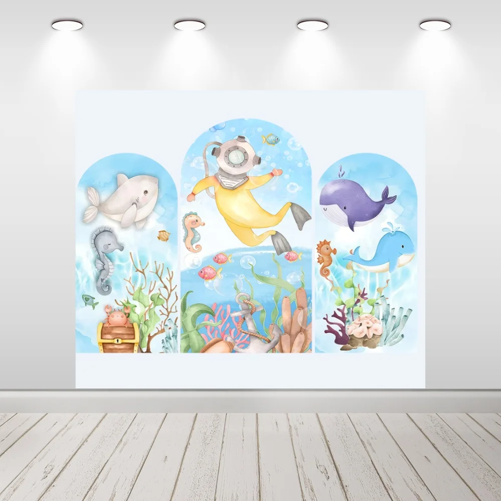 المحيط موضوع الصبي حفلة عيد ميلاد الطفل دش قوس يغطي قوس السمك جدار خلفية ديكور خلفية