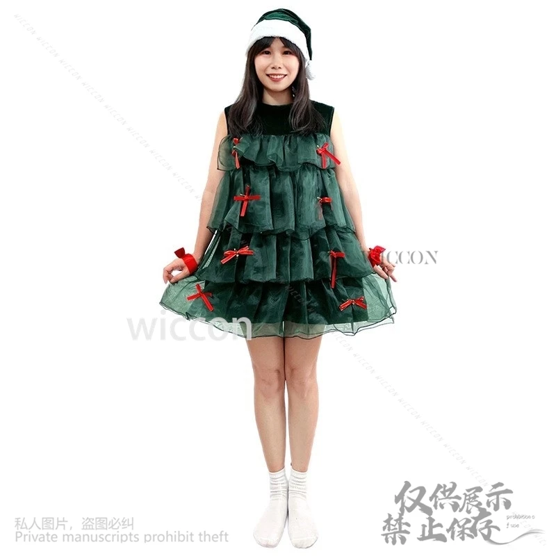 2024 Christmas Costume Cosplay Anime Dress Lolita Kawai Holiday Party Dance Suit Green Lace Cute Dress Hat Woman Girl Customized