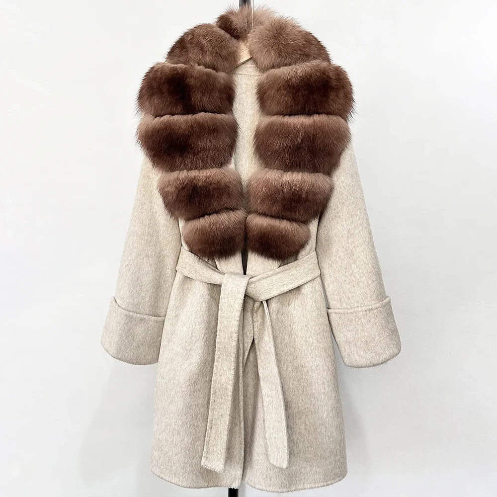 Natural Raccoon Fur Coat 2025 New Real Fox Fur Collar Wool Blends Jacket Autumn Winter Women Single Breasted Belt Woolen Coat