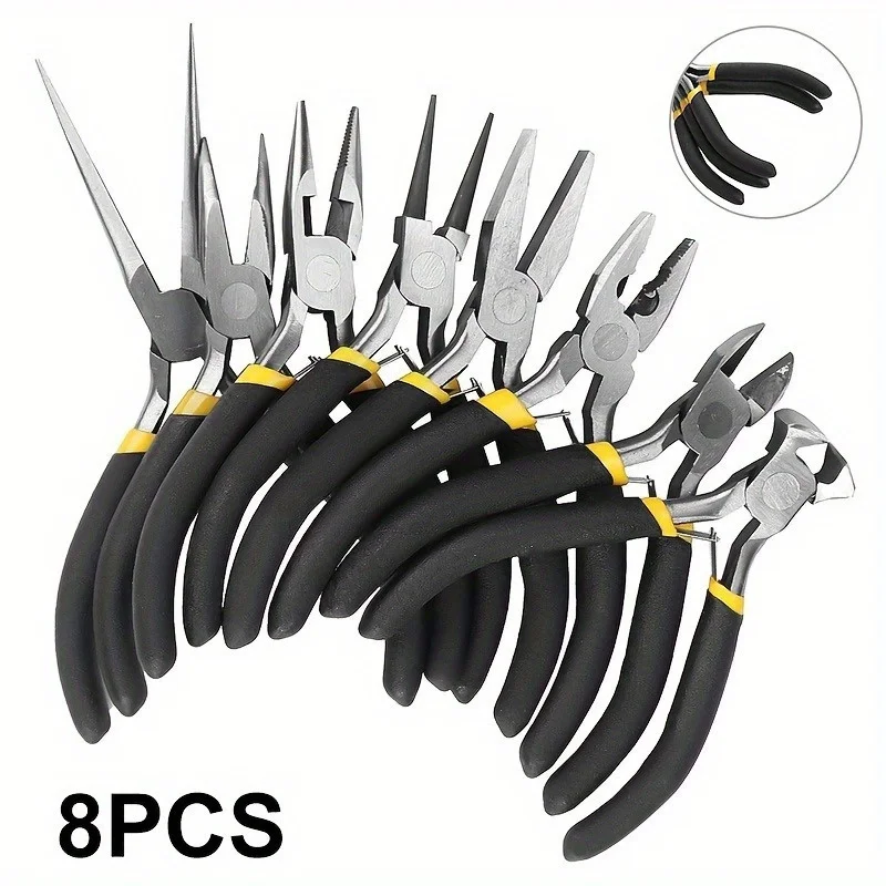 8PCS Mini Pliers Set Long Nose with Teeth Flat Jaw Round Curved Needle Diagonal Nose Wire End Cutting Cutter Tools