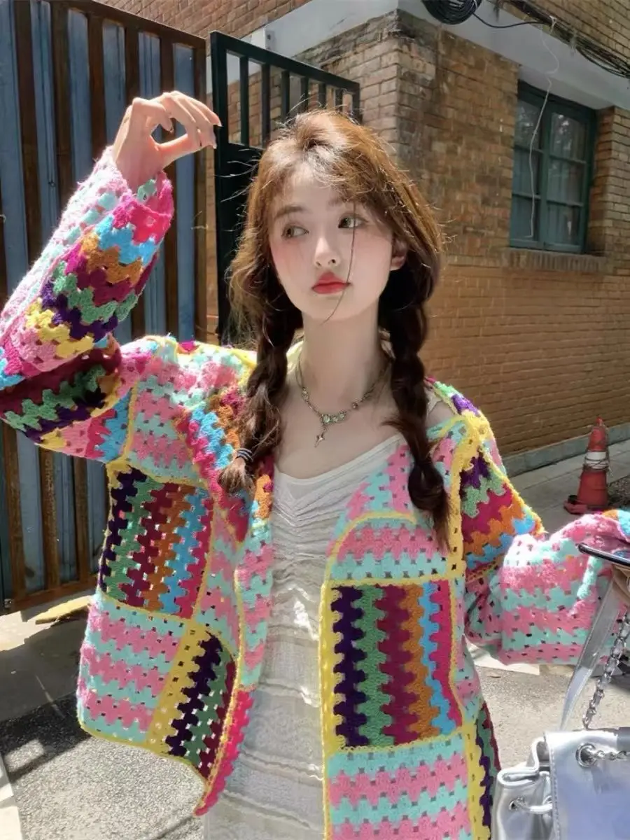

Boho Crochet Openwork Knitted Cardigan Multi-color Resort Wear Spring Fall Korean Style One Size Women Short Knit Jacket 2025