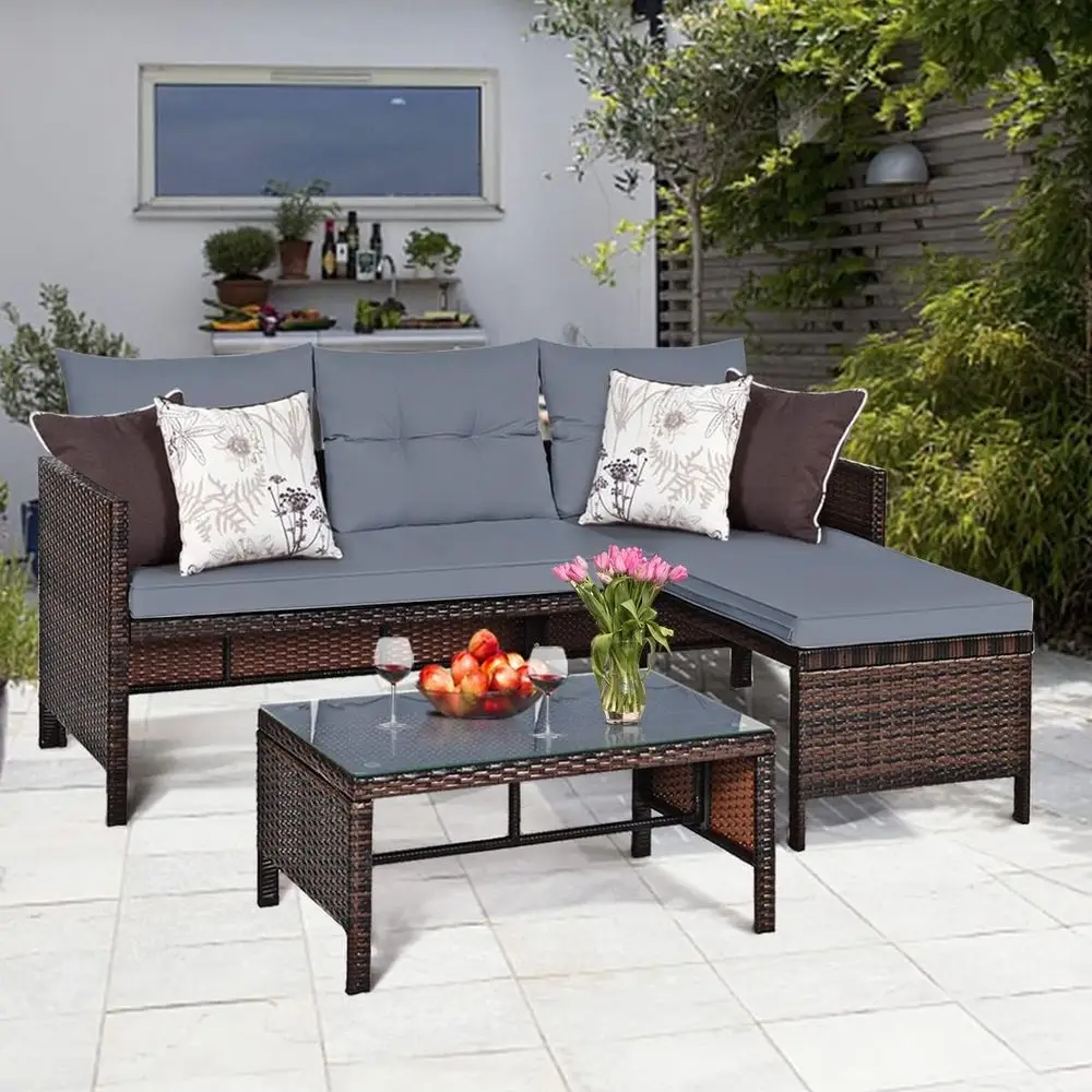 

Gray Rattan Patio Sectional Sofa Set with Chaise Lounge and Side Table, Ideal for Garden, Lawn, and Poolside.