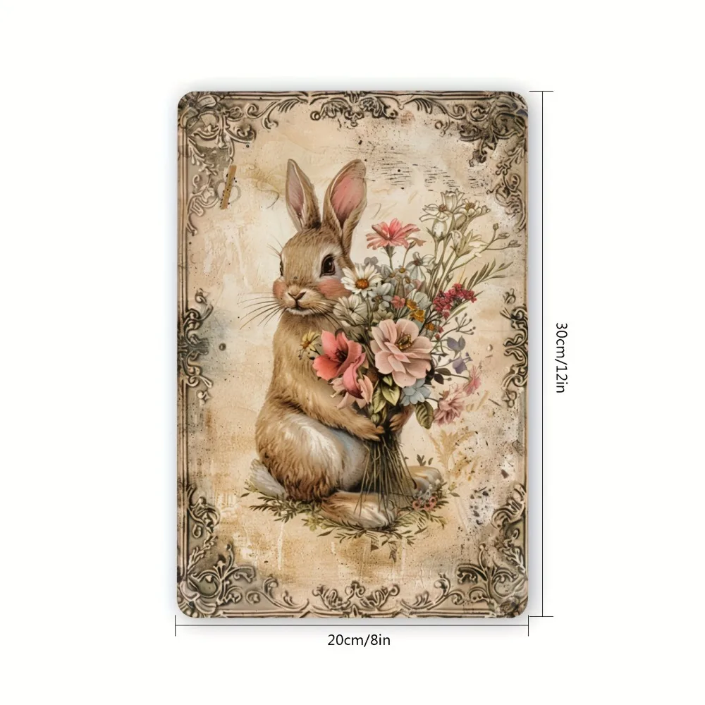 （2D Tin painting）1pc 20x30cm Iron Metal Tin Sign Vintage Rabbit Flower Decorative Wall Art for Garden Bedroom Living Room Caf