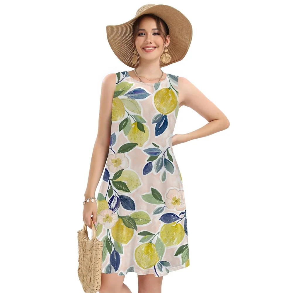 Women Summer Dress Refreshing Fruit Lemon Print Sleeveless Tank Dresses S-3XL Plus Size Knee-Length Beach Short Dresses Casual