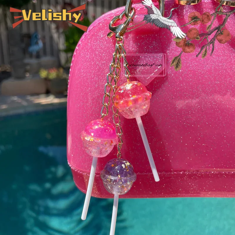 1 pieza bolso encanto decoración piruleta bolsa colgante cósmico caramelo racimo brillo estrella iridiscente rosa púrpura piruleta Y2K llavero