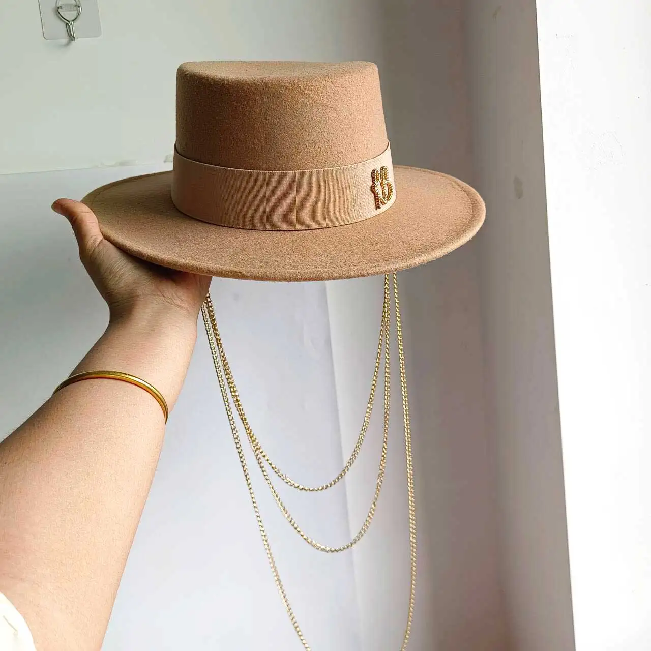 Double Chain Strap Hat Flat Top Fedora French Women's Autumn and Winter Women's Wide Brim Hat  sombrero hombre