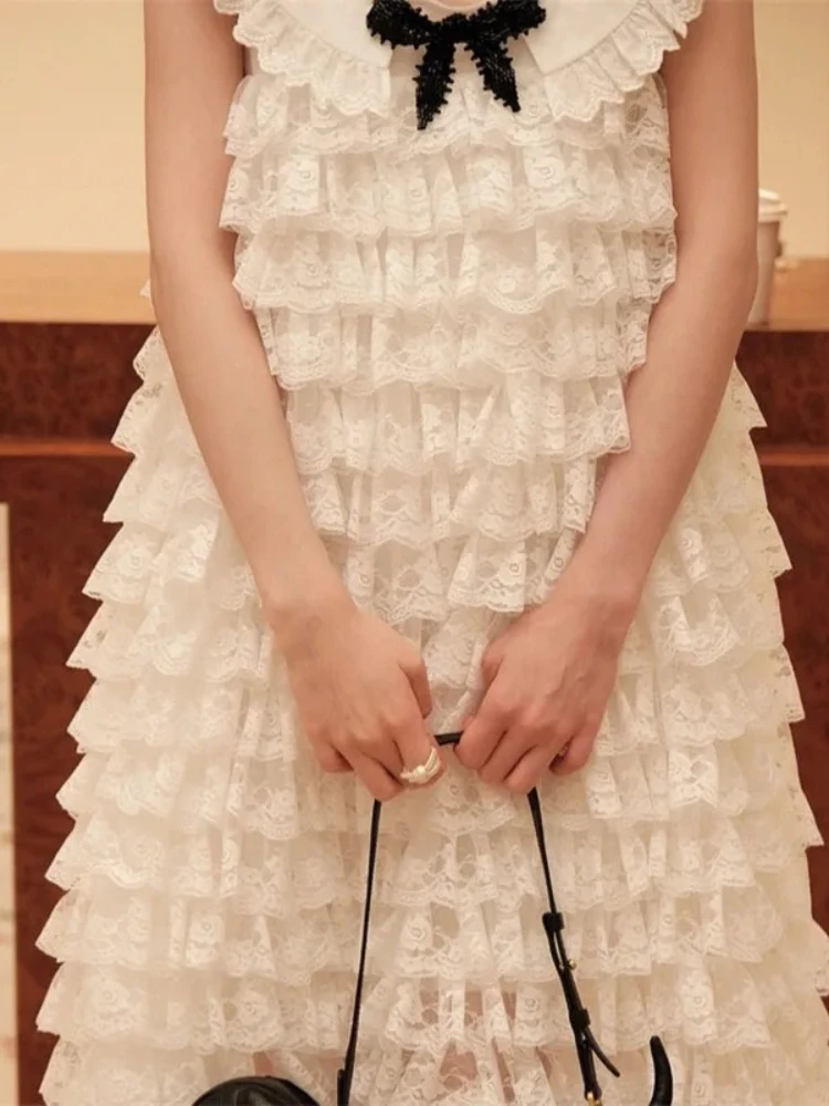 Designer Trendy Princess Sweet Fairy Crew Neck Sleeveless Lace Cake Dress Luxury Brand Same Style