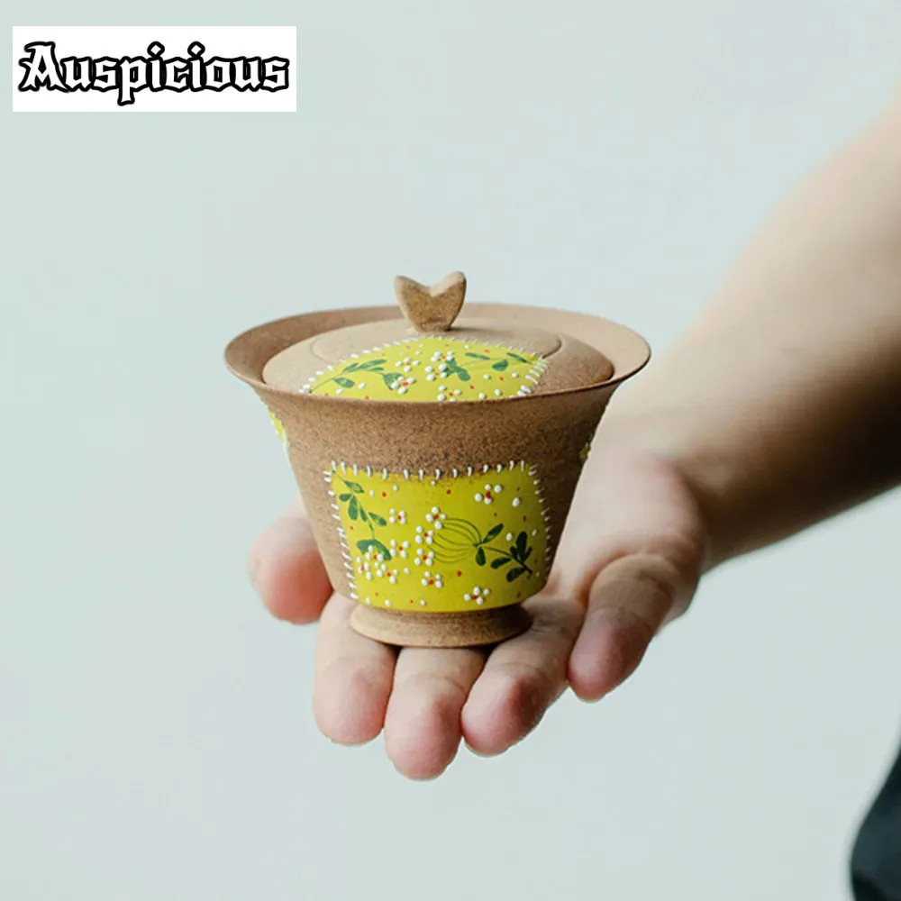 

80ml Pure Handpainted Yellow Chrysanthemum Gaiwan Aesthetic Old Rock Mud Tea Tureen Tea Maker Cover Bowl Cafes Accessories Craft