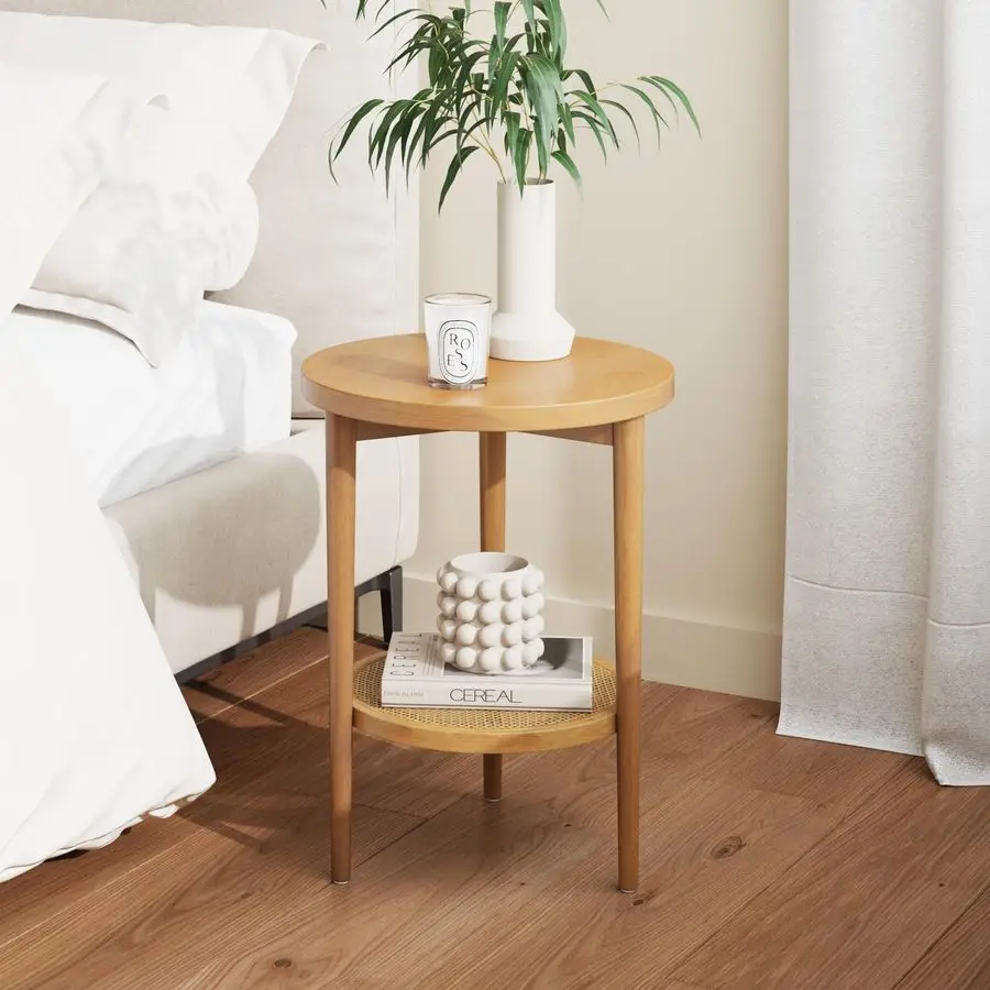 

Sonia Boho Round Accent End Table, Natural Sofa Side Table in Light Wood with Rattan Storage Shelf for Living Room, Bedroom or