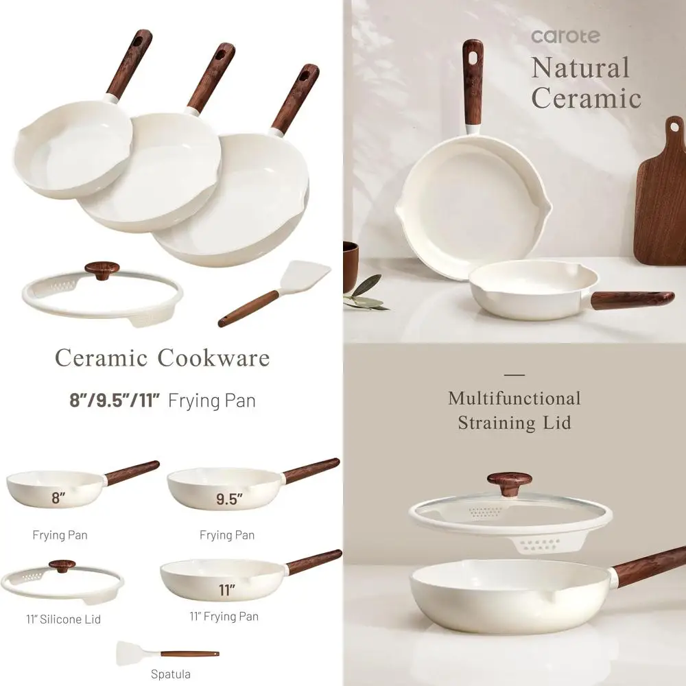 

Ceramic Coated Nonstick Cookware Set, 5-Piece, Healthy & PFOA-Free, Induction-Ready, 8-11 Inch Pans with Lid & Spatula, Cream