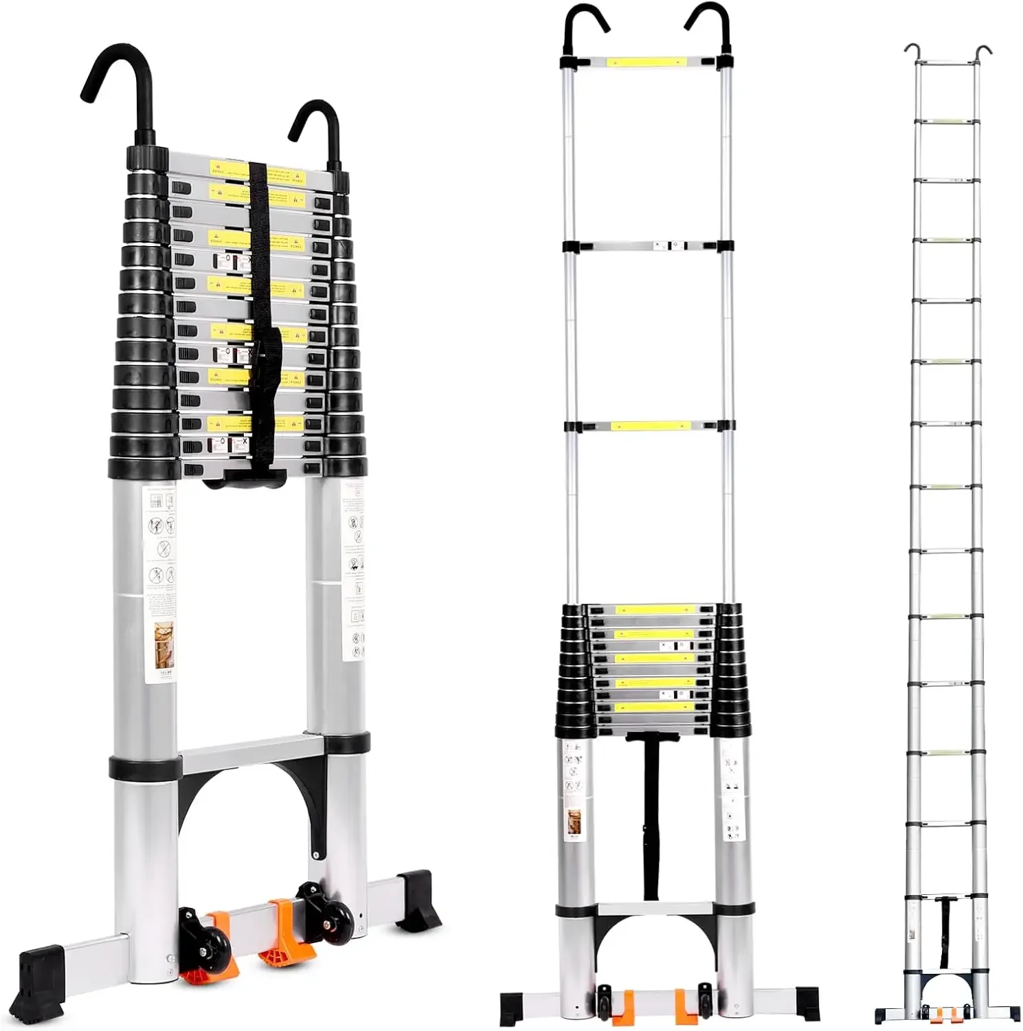 Telescoping Ladder, Aluminum Extension Ladder w/Triangle Stabilizers & Detachable Hooks