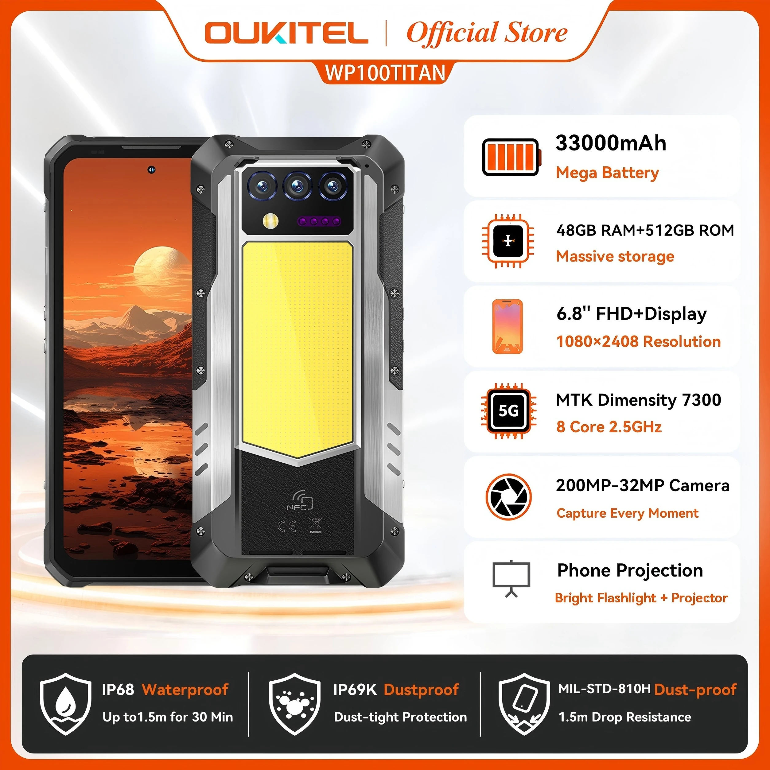 Oukitel WP100 Titan Rugged Phone 33000mAh 66W Charger 200MP Camera Built-in Projector Camping Light CellPhone, NFC 5G Smartphone