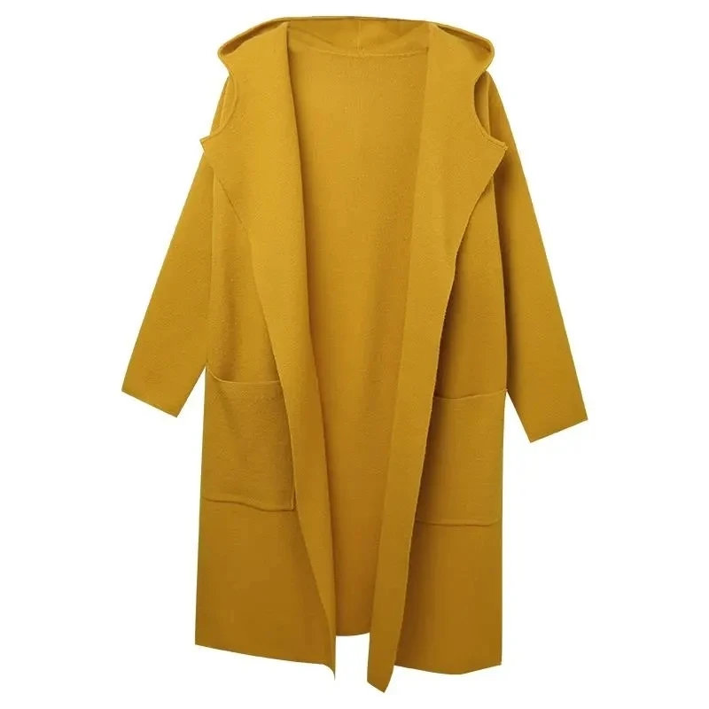 Yellow Knitted Cardigan Women Clothing Hooded Long Sweater Coat 2022 Autumn Winter Korean Fashion Loose Pocket Sueters De Mujer