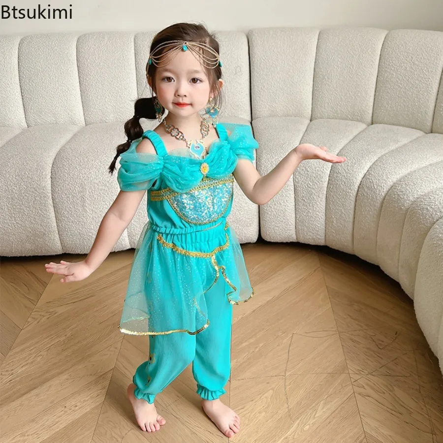 Jasmine Princess Sets Girls Cartoon Role Playing Costume Children Arab Princess Stage Pagent Photography Clothes Luxury Outfits view 3
