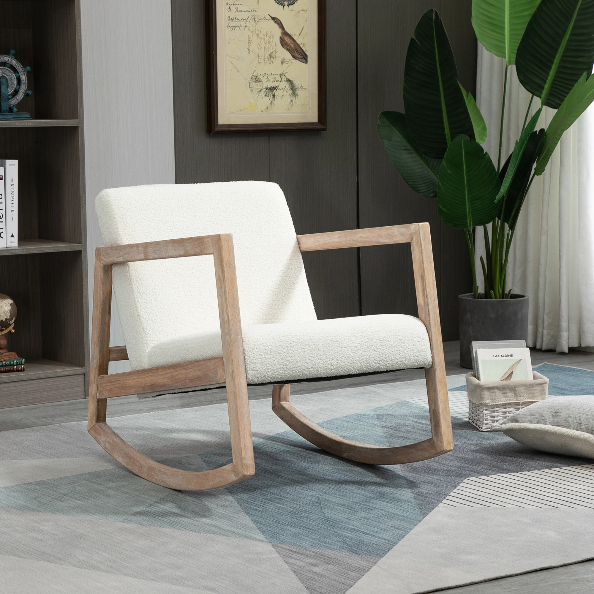 HOMCOM Schaukelstuhl mit Holzrahmen gepolstert Relax Stuhl Sessel Stuhl Wohnzimmersessel Lounge mit gepolsterter Sitzfläche Kautschukholz Cremeweiß 60 x 81 x 71 cm