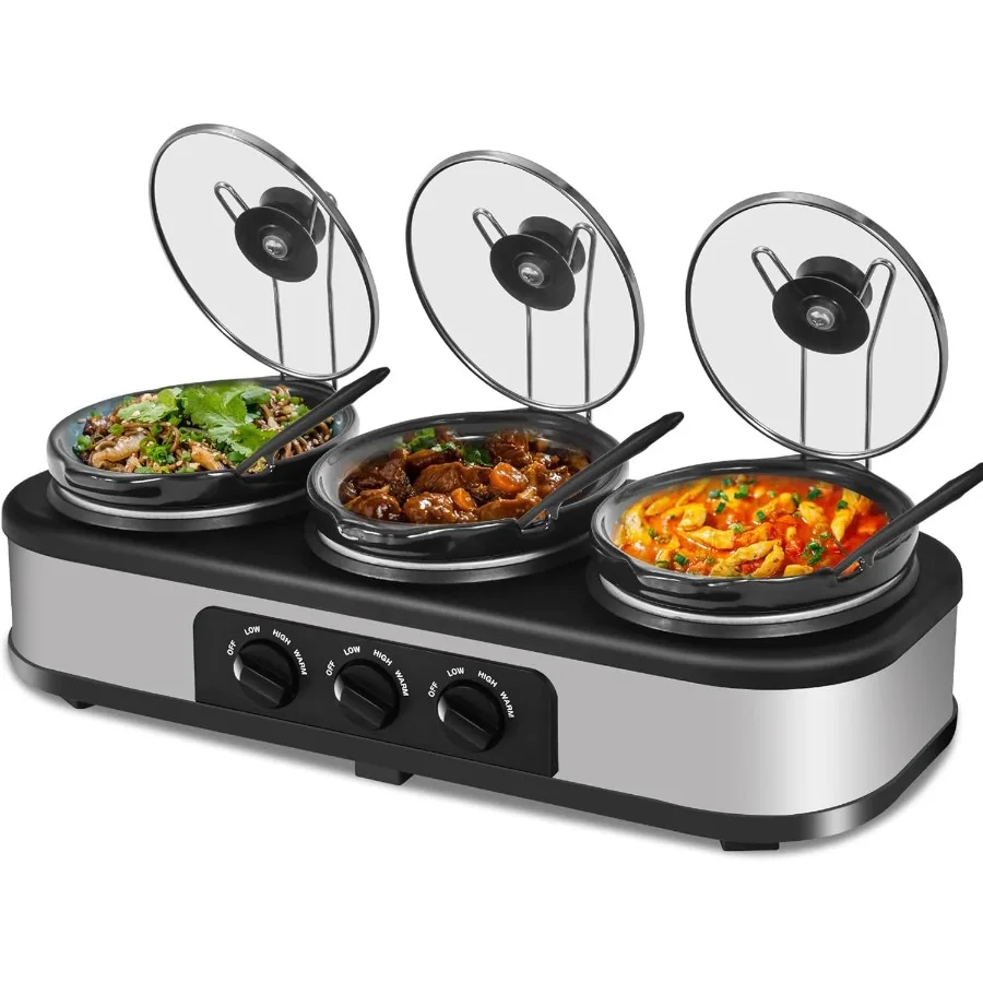 

Triple Slow Cooker with 3×1.5 QT Buffet Servers and Warmers Adjustable Temperature Settings Stainless Steel Construction with L
