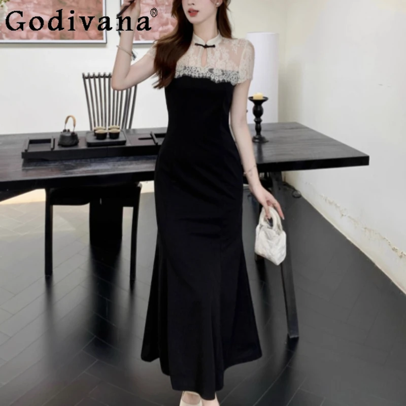 

Women Summer Large Size New Chinese Lace Stand-up Collar Elegant Short Sleeve Dress Fashion High Waist Slim Black Korean Dresses