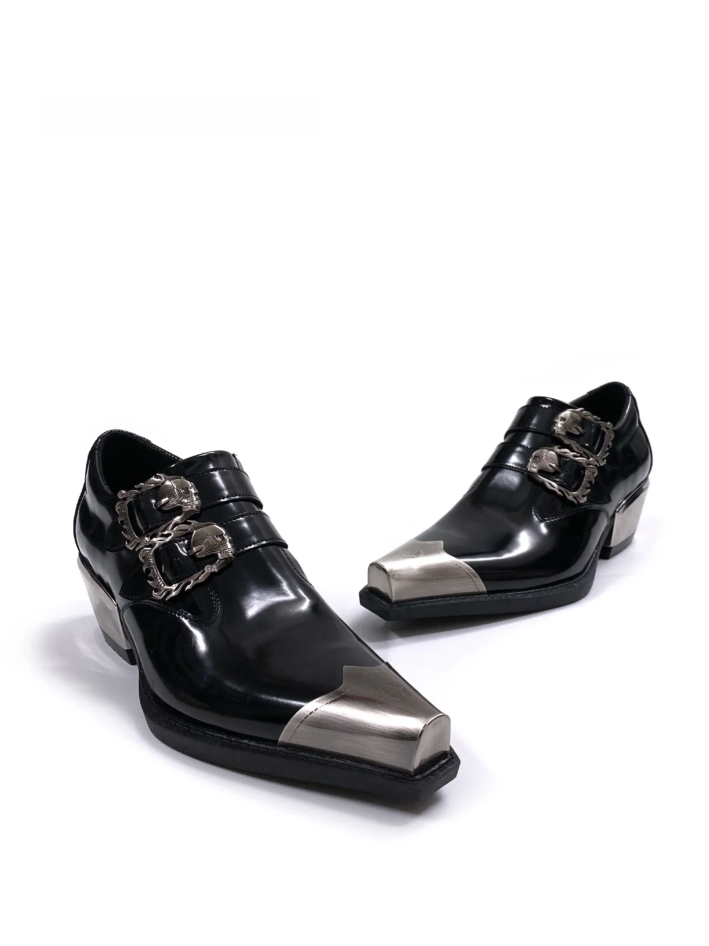 

Punk Metal Pointed Toe Chunky Heel Loafers Unisex Heightening All-Match Deep Mouth Single Shoes Zipper Closure Fashionable Al...