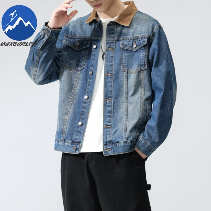 

Японская джинсовая куртка Maxbarley для мужчин, новинка 2023 года, весна-осень, винтажная джинсовая куртка с контрастными лацканами, повседневная свободная джинсовая куртка в стиле хип-хоп
